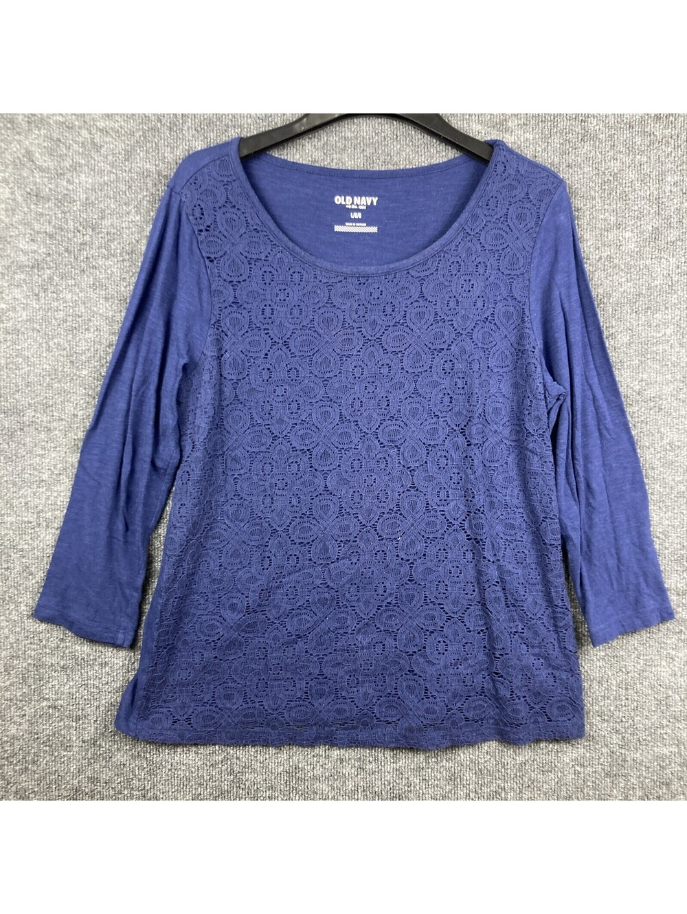 Old Navy Womens Size Large Navy Blue Crochet Overlay Long Sleeve Scoop Neck Top